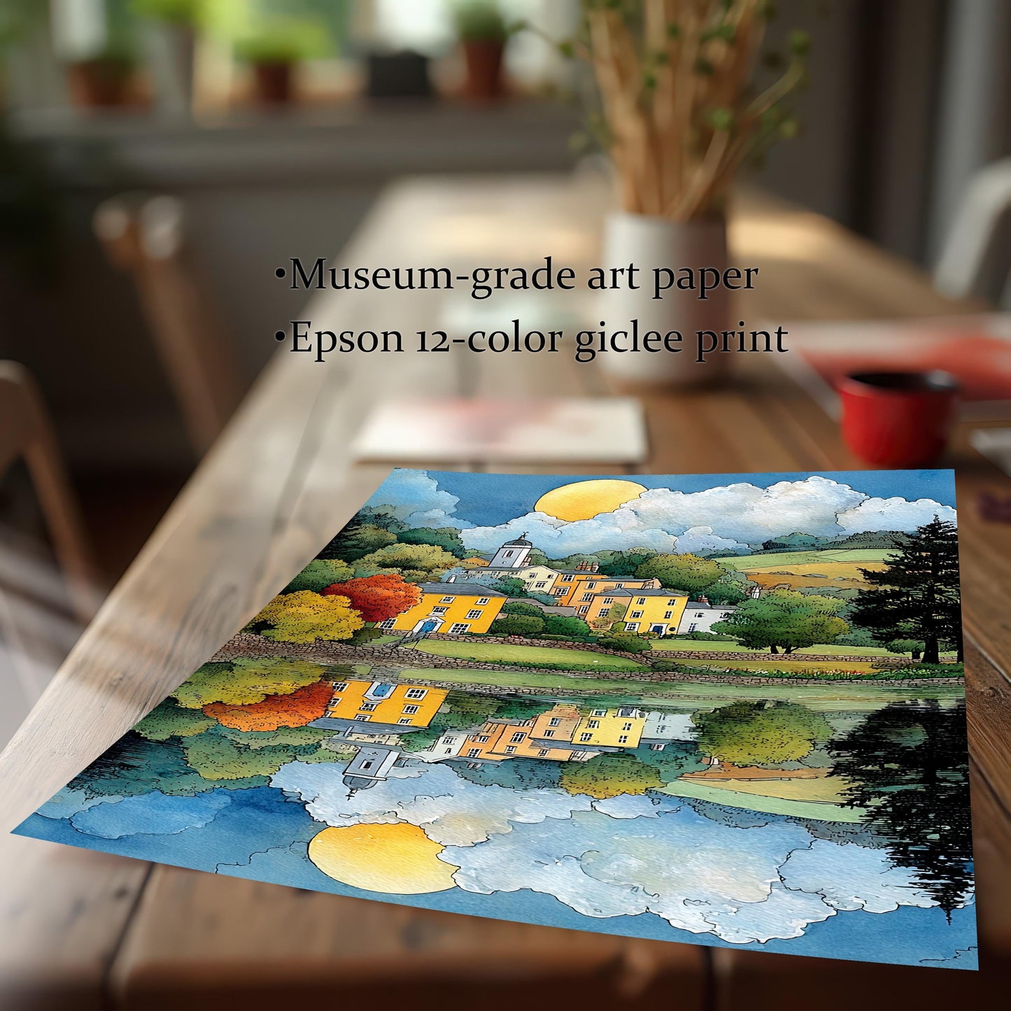 Close-up of the unframed art print on a wooden table, emphasizing the print quality. Text on the image highlights Museum-grade art paper and Epson 12-color giclee print.