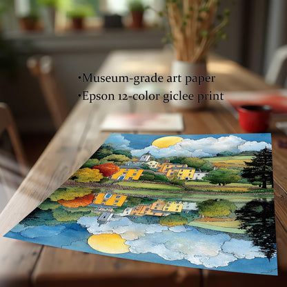 Close-up of the unframed art print on a wooden table, emphasizing the print quality. Text on the image highlights Museum-grade art paper and Epson 12-color giclee print.