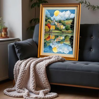 Framed art print leaning on a dark grey sofa with a knitted throw blanket. The frame is a bold orange or gold color. The art depicts a brightly colored village and its reflection.