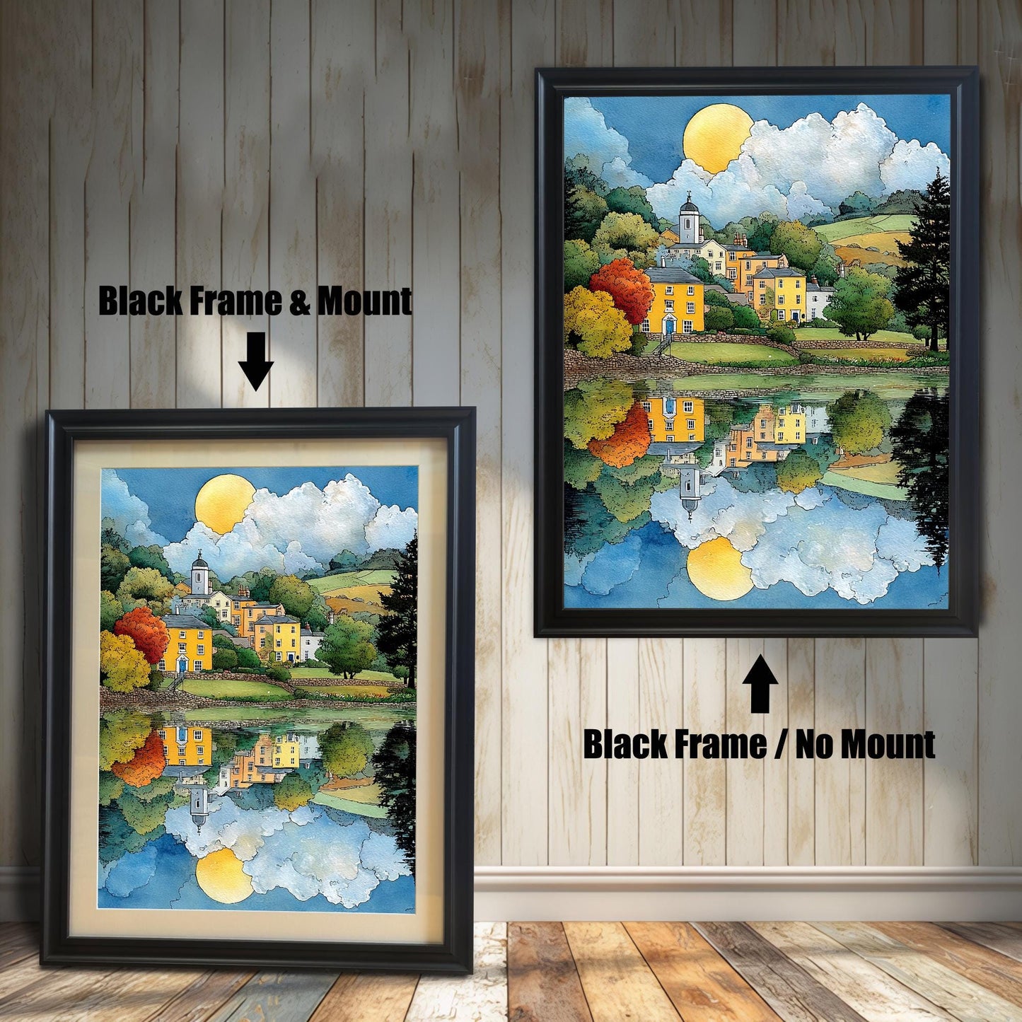 Comparison image of the framed art print. On the left, it has a Black Frame & Mount (matting). On the right, it has a Black Frame / No Mount. The art is a vibrant village with reflection.
