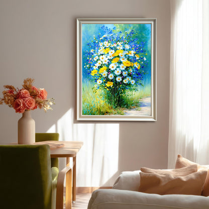 Framed vertical art print in a bright dining or living room setting. The print features a vibrant bouquet of daisies (white and yellow) and blue wildflowers on a lush green background. The frame is silver or light grey.