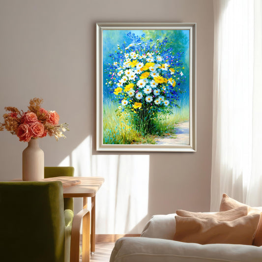 Framed vertical art print in a bright dining or living room setting. The print features a vibrant bouquet of daisies (white and yellow) and blue wildflowers on a lush green background. The frame is silver or light grey.
