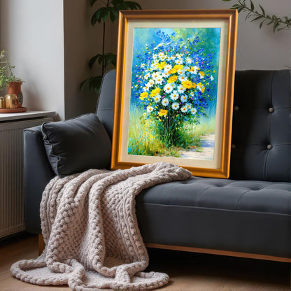Framed art print with a gold or orange frame leaning on a dark grey sofa with a knitted throw blanket. The art is a colorful impressionist painting of daisies and blue wildflowers.