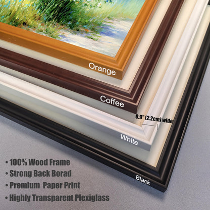 Close-up stack of frame corners showing the Orange, Coffee, White, and Black frame color options. Text confirms 100% Wood Frame, Premium Paper Print, and Highly Transparent Plexiglass. The frame width is 0.9"" (2.2cm).