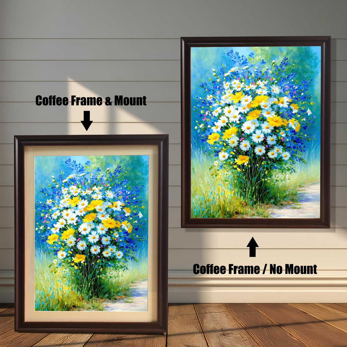 Comparison image of the framed art print. On the left, it has a Coffee Frame & Mount (matting). On the right, it has a Coffee Frame / No Mount. The art is a vibrant daisy and wildflower bouquet painting.