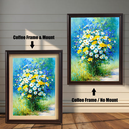 Comparison image of the framed art print. On the left, it has a Coffee Frame & Mount (matting). On the right, it has a Coffee Frame / No Mount. The art is a vibrant daisy and wildflower bouquet painting.