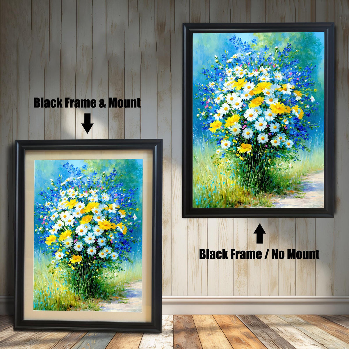 Comparison image of the framed art print. On the left, it has a Black Frame & Mount (matting). On the right, it has a Black Frame / No Mount. The art is a vibrant daisy and wildflower bouquet painting.