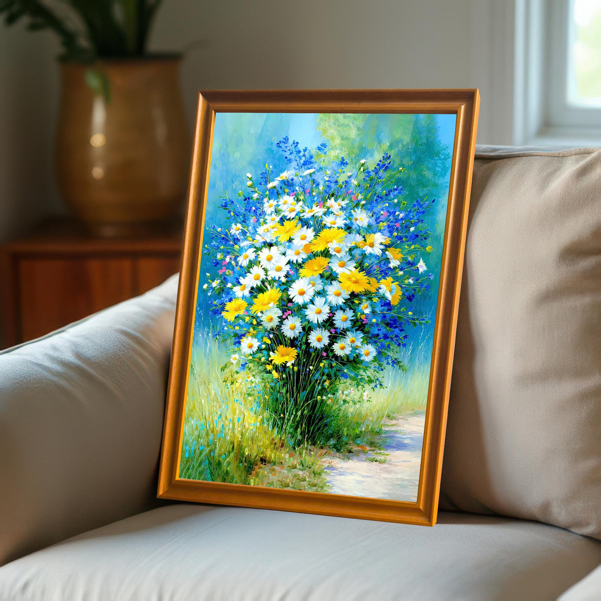 A vertically framed art print with a warm Orange or Gold wood frame, propped up on a light-colored sofa. The painting is a vibrant bouquet of yellow and white daisies mixed with blue wildflowers.