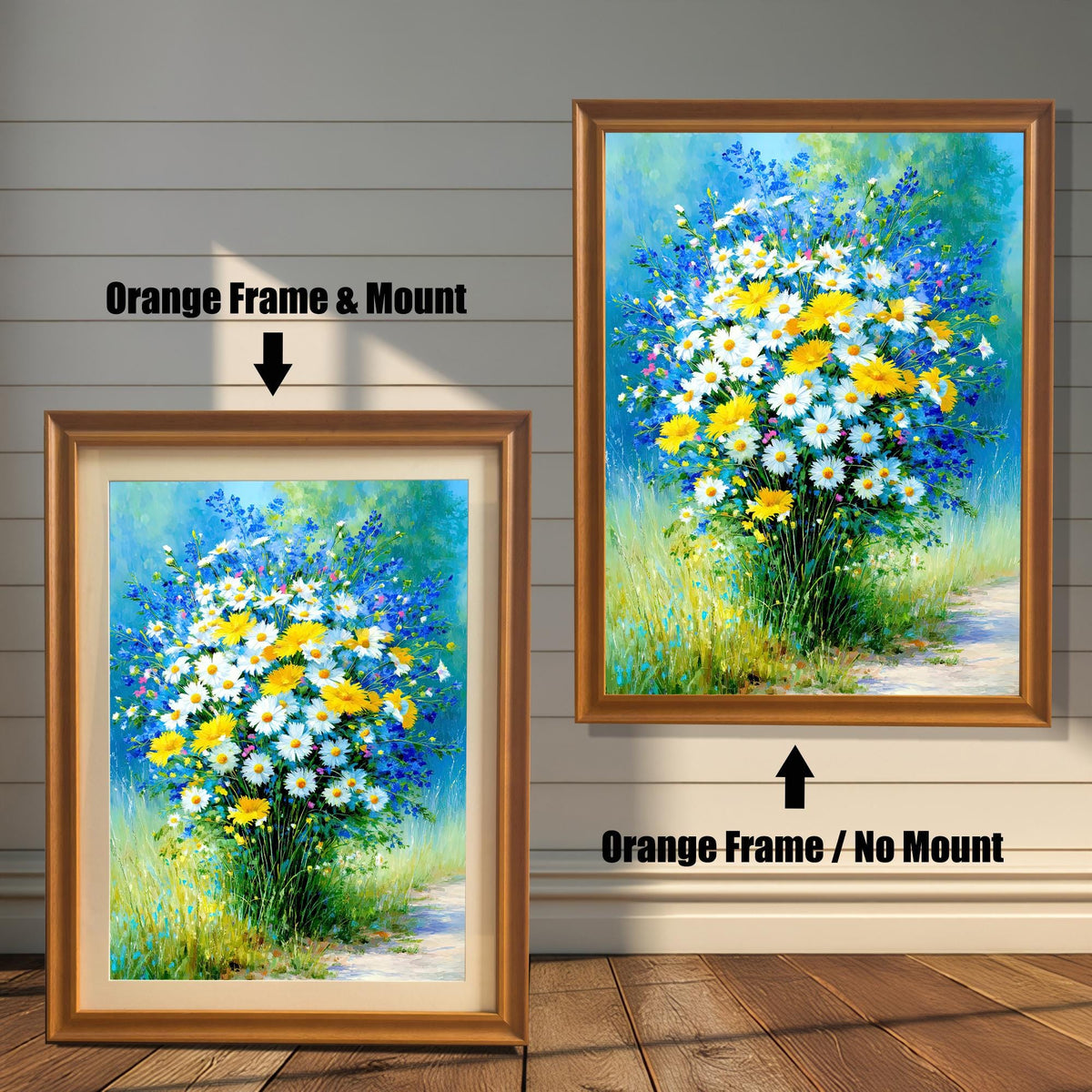 Comparison image of the framed art print. On the left, it has an Orange Frame & Mount (matting). On the right, it has an Orange Frame / No Mount. The art is a vibrant daisy and wildflower bouquet painting.