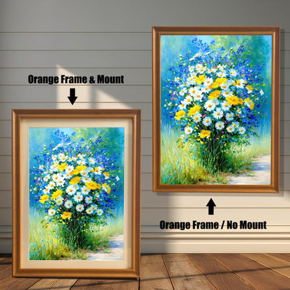 Comparison image of the framed art print. On the left, it has an Orange Frame & Mount (matting). On the right, it has an Orange Frame / No Mount. The art is a vibrant daisy and wildflower bouquet painting.