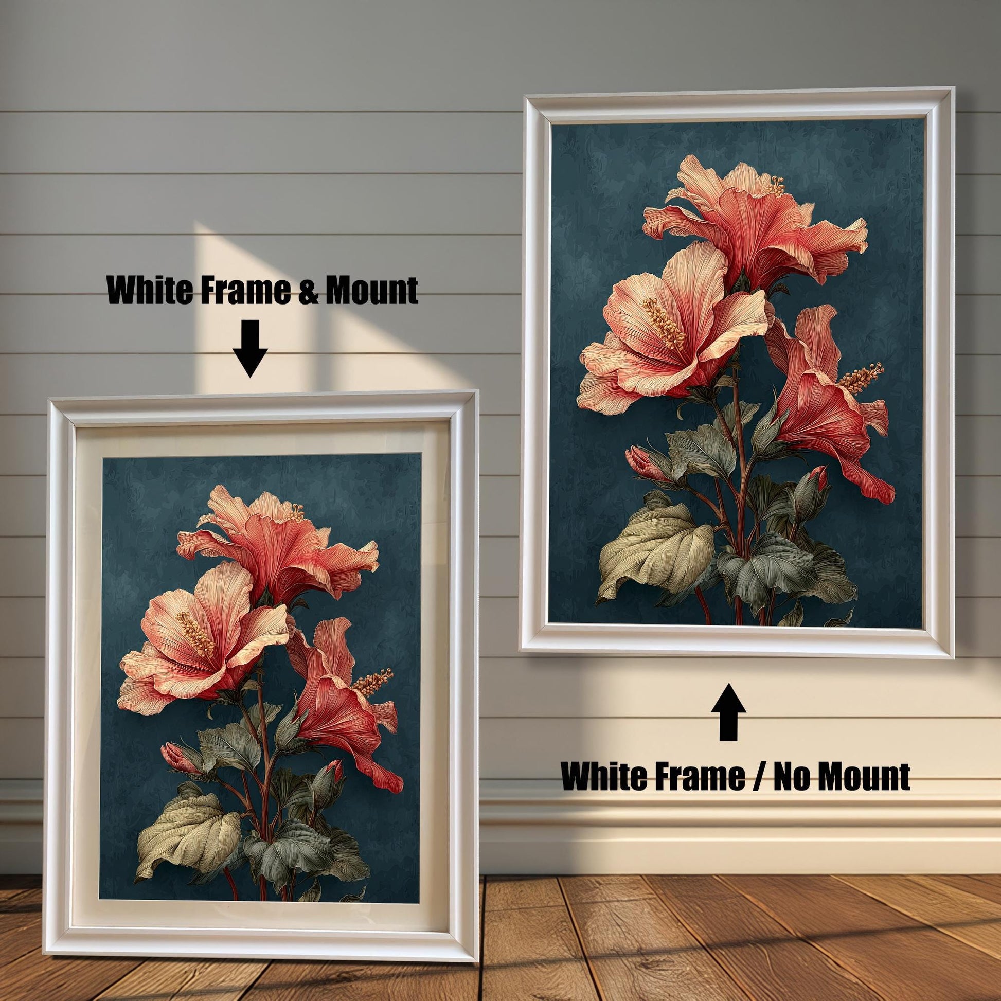 Comparison image of the framed art print. On the left, it has a White Frame & Mount (matting). On the right, it has a White Frame / No Mount. The art is a vintage coral hibiscus botanical print.