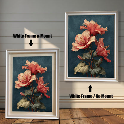 Comparison image of the framed art print. On the left, it has a White Frame & Mount (matting). On the right, it has a White Frame / No Mount. The art is a vintage coral hibiscus botanical print.