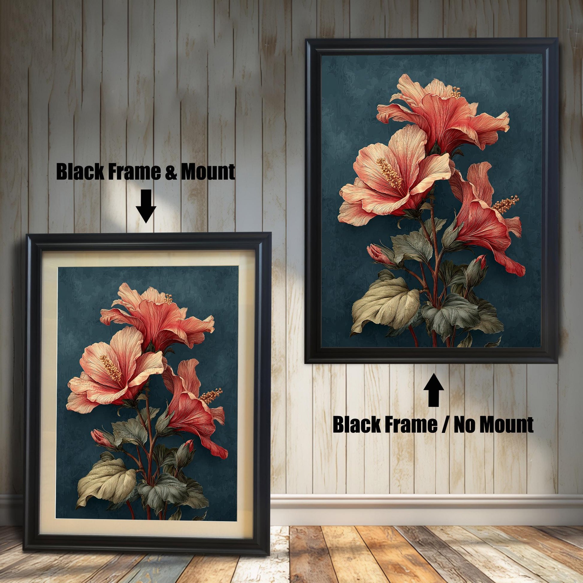 Comparison image of the framed art print. On the left, it has a Black Frame & Mount (matting). On the right, it has a Black Frame / No Mount. The art is a vintage hibiscus botanical illustration.
