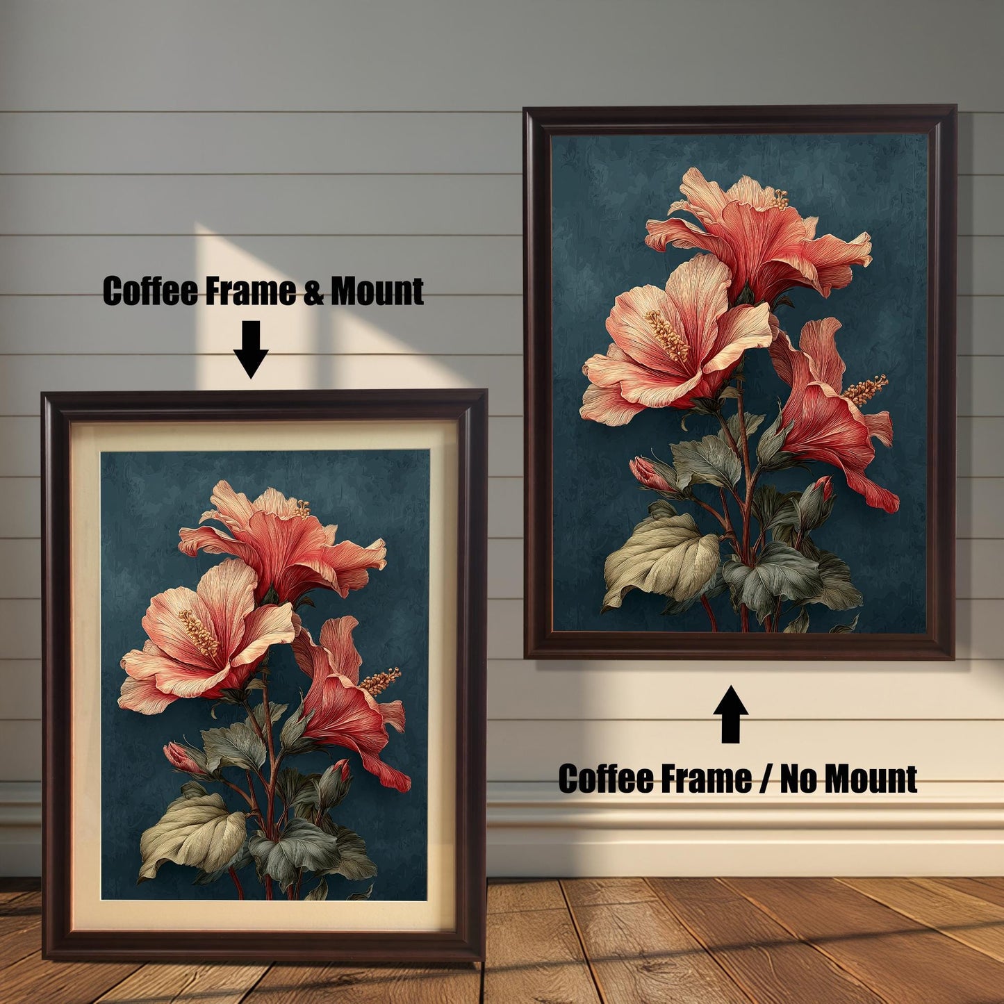Comparison image of the framed art print. On the left, it has a Coffee Frame & Mount (matting). On the right, it has a Coffee Frame / No Mount. The art is a striking coral and teal hibiscus floral print.