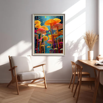 Vibrant mushroom wall art print in a white frame, hanging in a bright, modern living or dining space above a wooden chair and next to a wooden table with dried pampas grass decor.