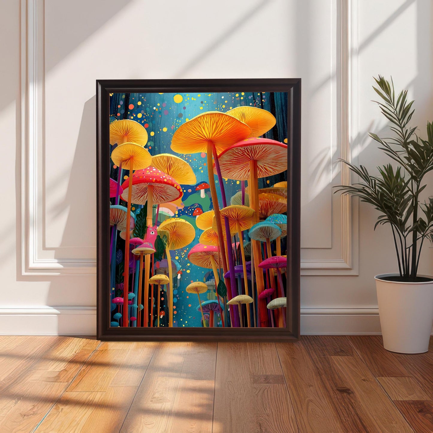 Vibrant, colorful mushroom art print in a black wood frame leaning against a white wainscoted wall next to a potted plant on a wooden floor, with dramatic sunlight.