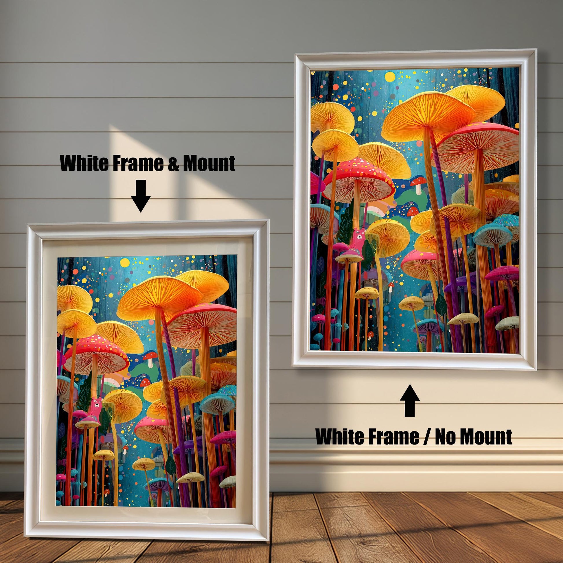 Comparison of the mushroom art print in a white wood frame. One image shows the print with a white mount/mat, and the other shows it without a mount.