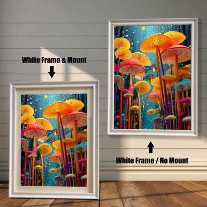 Comparison of the mushroom art print in a white wood frame. One image shows the print with a white mount/mat, and the other shows it without a mount.