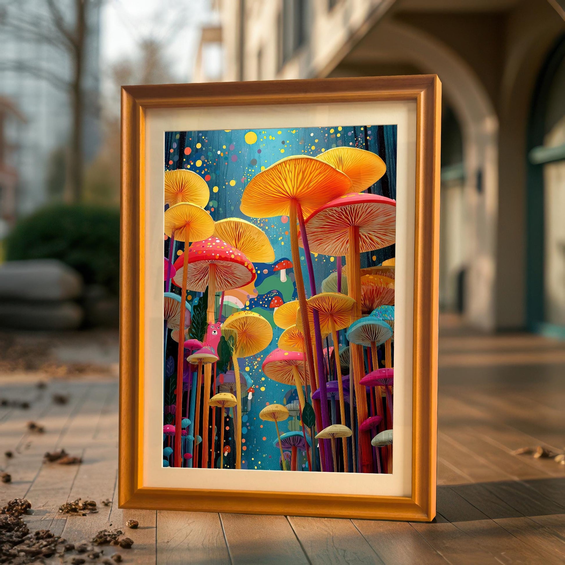 Framed mushroom art print in a gold-colored wood frame leaning on a wooden floor outdoors, with a blurred building and trees in the background, showing off the colorful artwork in natural light.
