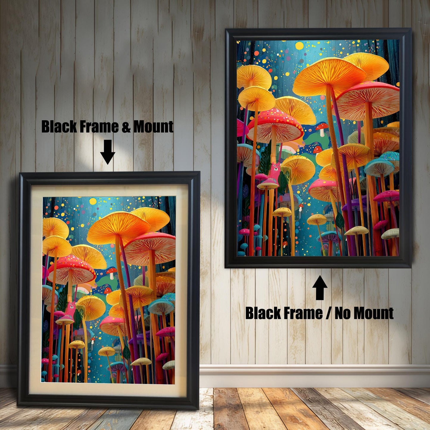 Comparison of the mushroom art print in a black wood frame. One image shows the print with a mount/mat, and the other shows it without a mount. Both are against a wooden wall background.