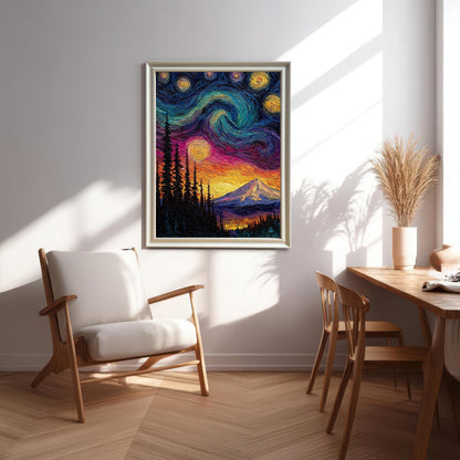 Vibrant, Van Gogh-style framed print of a starry night over a snowy mountain and dark forest, hanging in a bright, modern living space above a white lounge chair and next to a wooden dining area.
