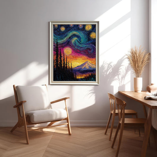 Vibrant, Van Gogh-style framed print of a starry night over a snowy mountain and dark forest, hanging in a bright, modern living space above a white lounge chair and next to a wooden dining area.