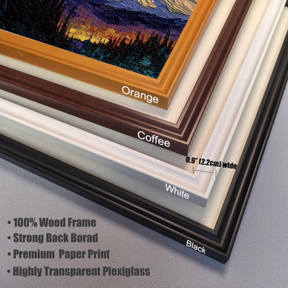 Frame color options and material details for the wood framed art print. Stacked frame corners labeled 'Orange', 'Coffee', 'White', and 'Black'. Text highlights '100% Wood Frame', 'Premium Paper Print', and 'Highly Transparent Plexiglass'. Frame width is 0.9'' (2.2cm).