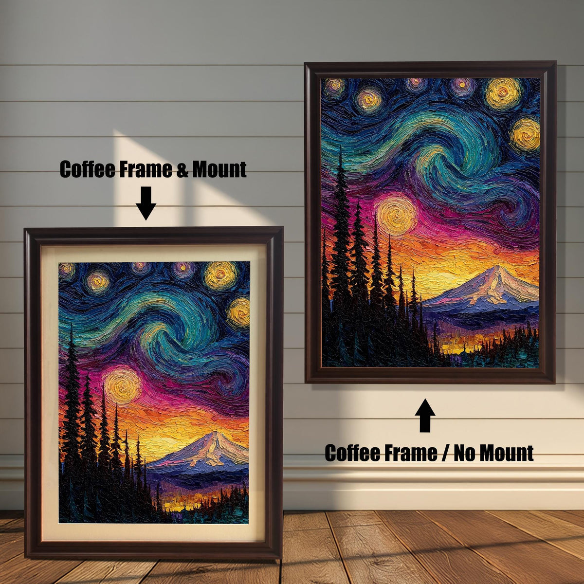 Comparison of the Starry Night-style mountain art print in a coffee-colored wood frame. One image shows the print with a mount/mat ('Coffee Frame & Mount'), and the other shows it without a mount ('Coffee Frame / No Mount').