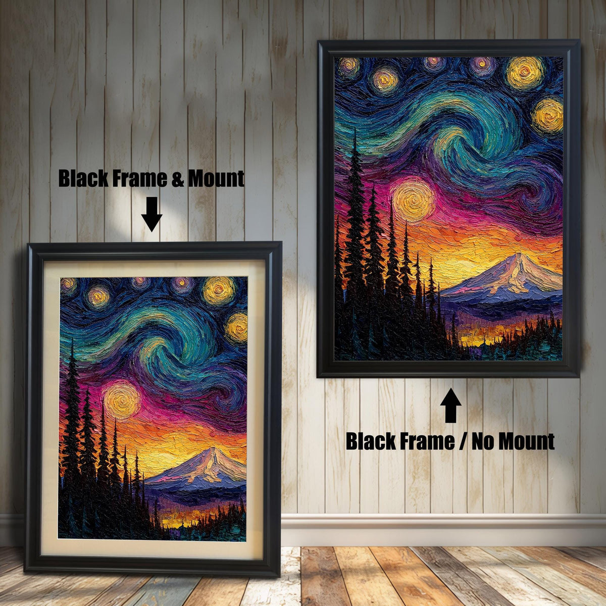 Comparison of the Starry Night mountain art print in a black wood frame. One image shows the print with a light-colored mount/mat, and the other shows it without a mount ('Black Frame / No Mount').