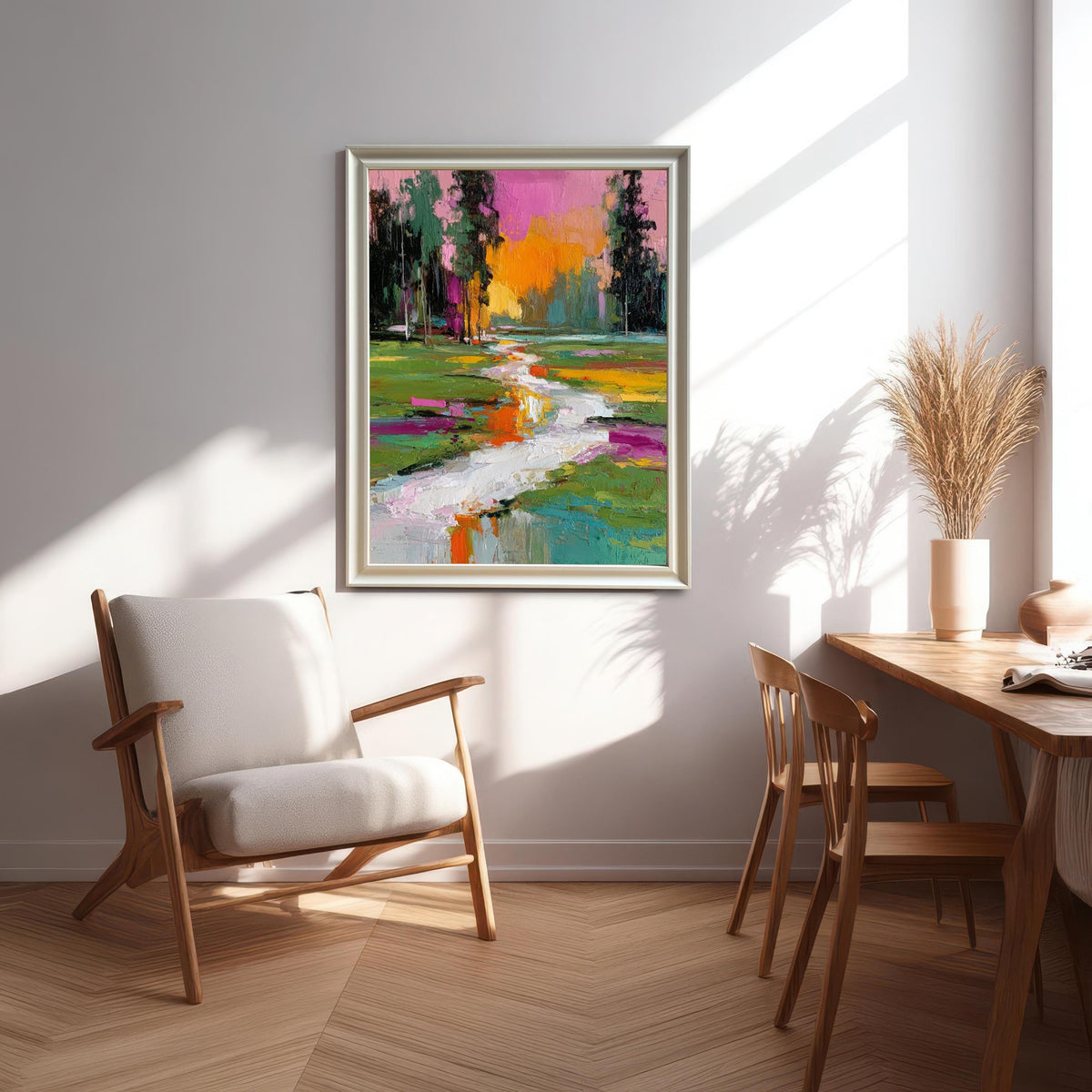 Vibrant, framed abstract landscape art print with thick texture, featuring a stream, trees, and a pink/orange sky, hanging in a bright, modern living space above a white lounge chair.