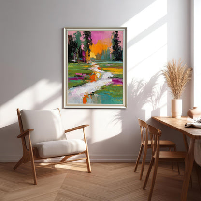 Vibrant, framed abstract landscape art print with thick texture, featuring a stream, trees, and a pink/orange sky, hanging in a bright, modern living space above a white lounge chair.