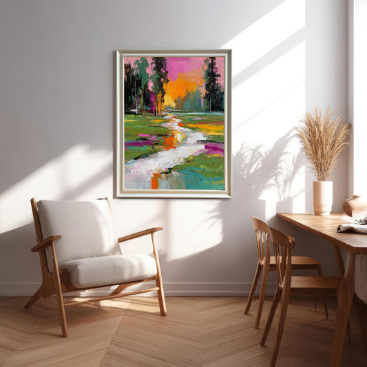Vibrant, framed abstract landscape art print with thick texture, featuring a stream, trees, and a pink/orange sky, hanging in a bright, modern living space above a white lounge chair.
