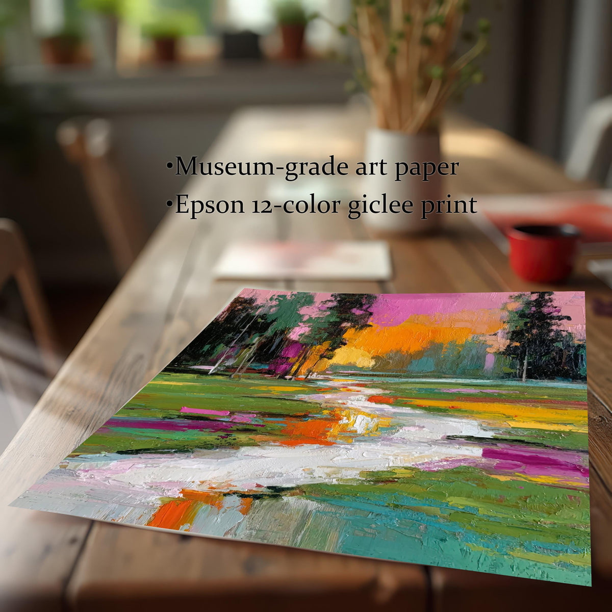 Close-up of the abstract textured landscape print on a wooden table, emphasizing the print quality. Text highlights: 'Museum-grade art paper' and 'Epson 12-color giclee print'.