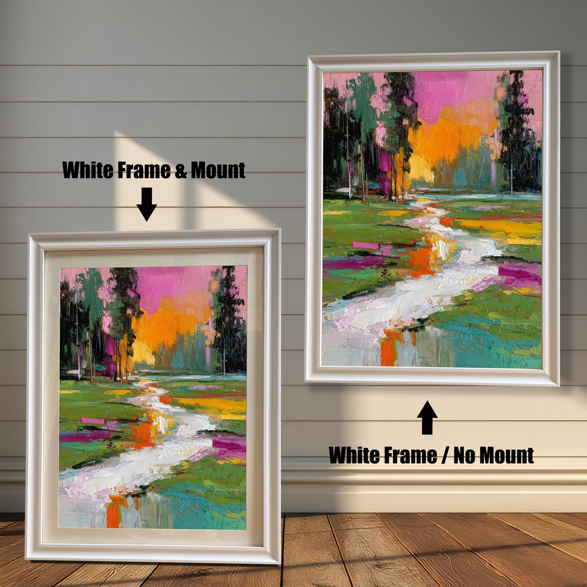 Comparison of the abstract stream landscape print in a white wood frame. One image shows the print with a white mat/mount, and the other shows it without a mount ('White Frame / No Mount').