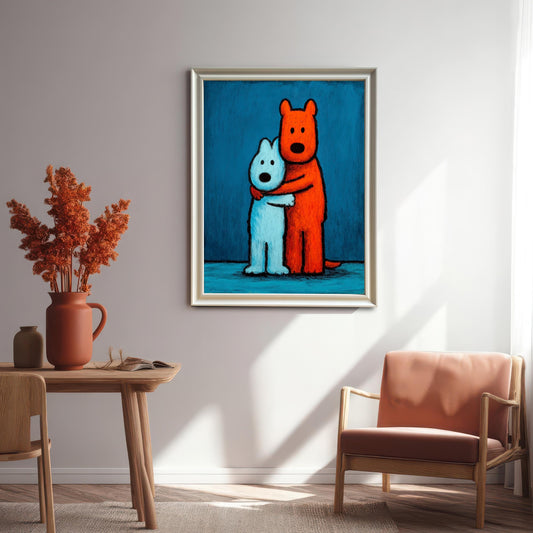 Framed art print of two stylized, hugging dogs (one orange, one light blue) against a deep blue background, hanging in a bright, modern living space above a wood dining table and a terracotta lounge chair.