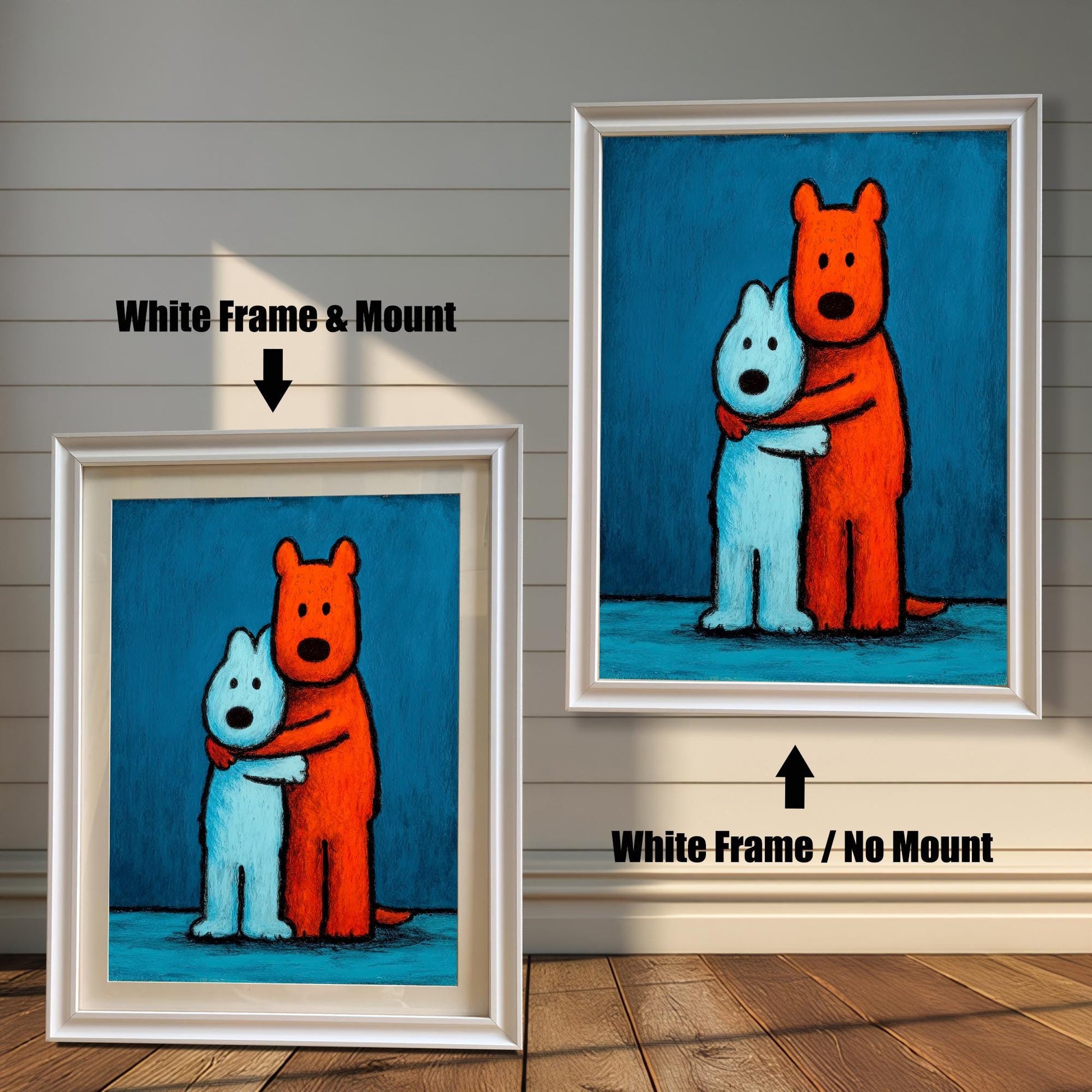 Comparison of the dogs art print in a white wood frame. One image shows the print with a white mat/mount ('White Frame & Mount'), and the other shows it without a mount ('White Frame / No Mount').