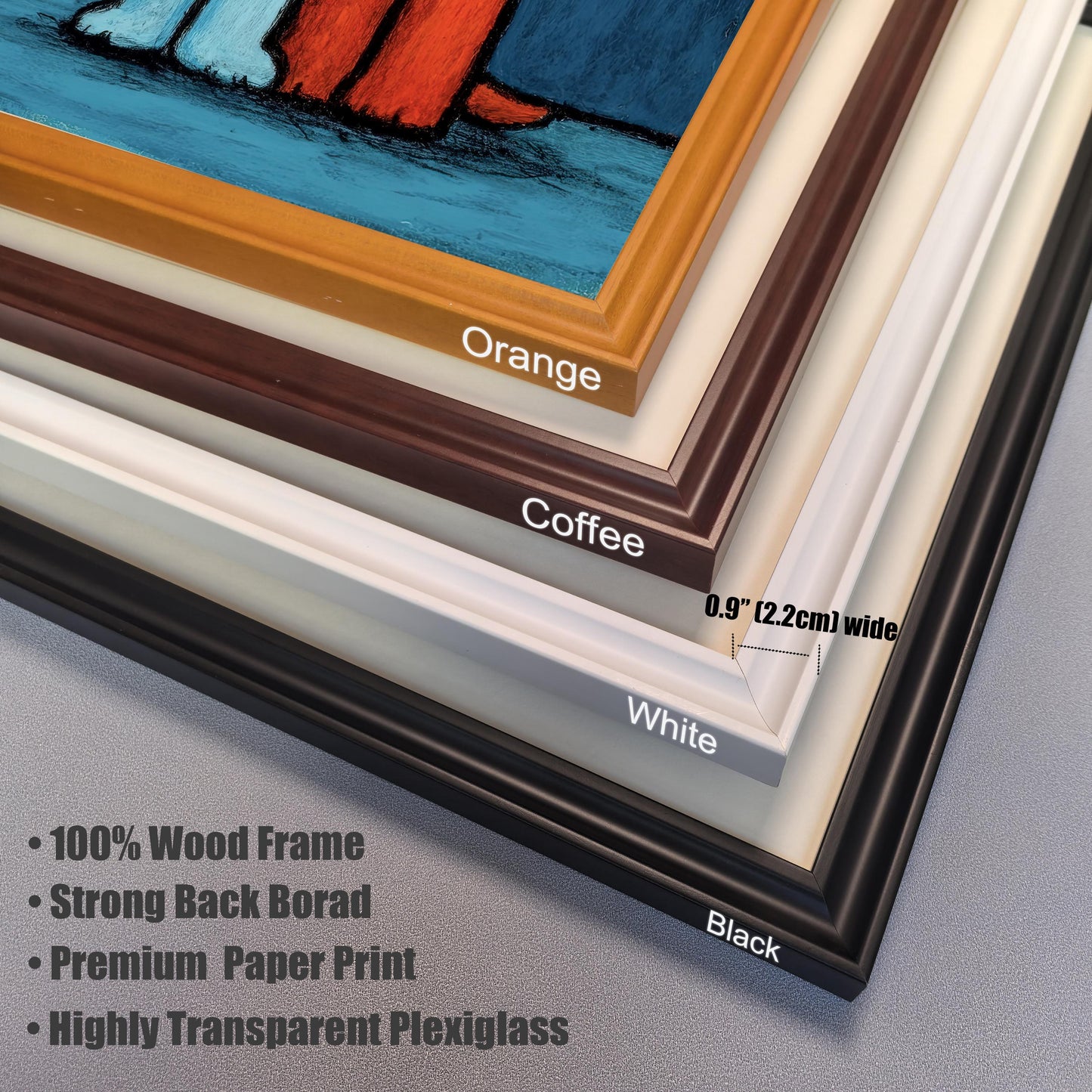 Frame color options and material details for the wood framed art print. Stacked frame corners labeled 'Orange', 'Coffee', 'White', and 'Black'. Text highlights '100% Wood Frame', 'Premium Paper Print', and 'Highly Transparent Plexiglass'. Frame width is 0.9'' (2.2cm).