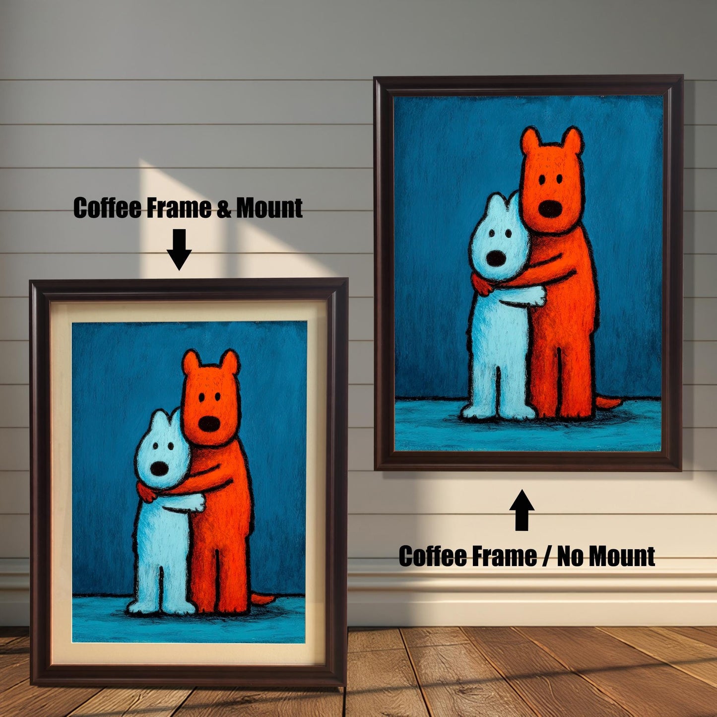 Comparison of the hugging dogs art print in a coffee-colored wood frame. One image shows the print with a light-colored mat/mount ('Coffee Frame & Mount'), and the other shows it without a mount ('Coffee Frame / No Mount').