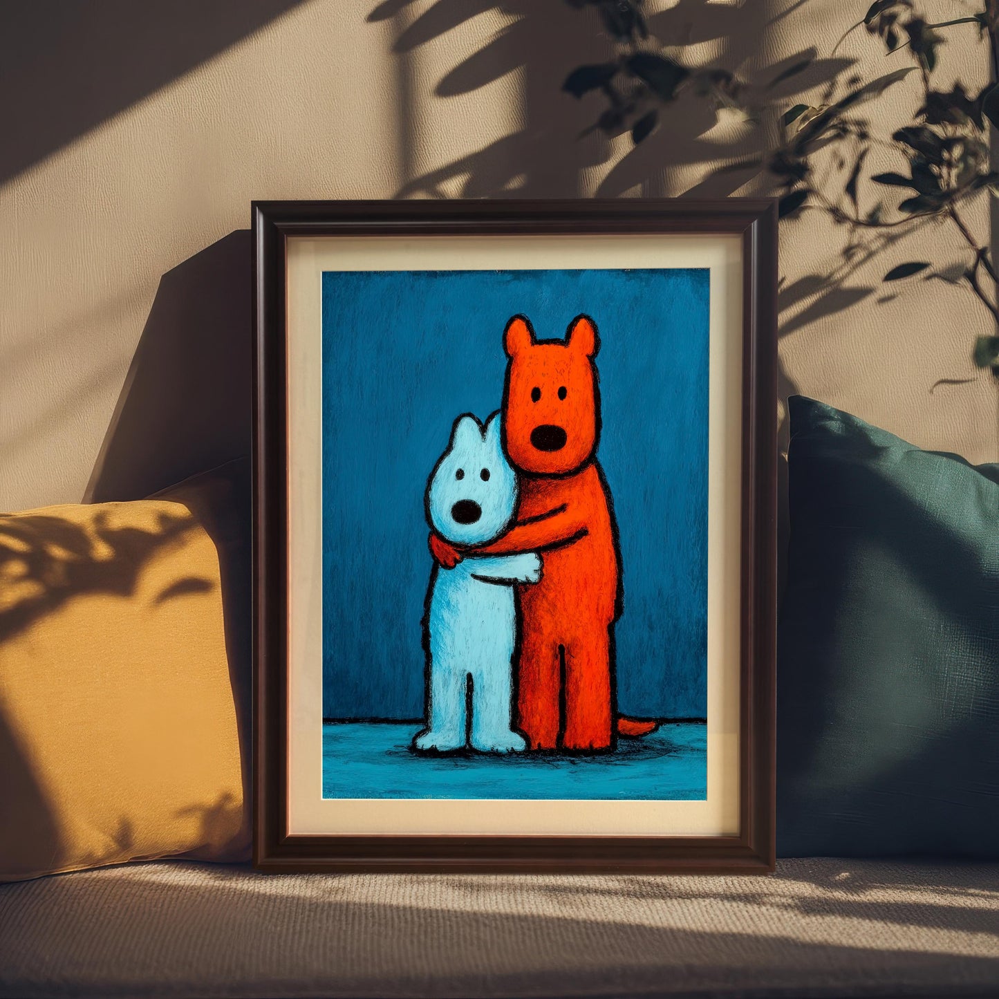 Framed art print of two stylized, hugging dogs in a coffee-colored wood frame with a mat/mount, resting on a beige sofa between two colorful pillows (yellow and teal) in bright, dappled sunlight.