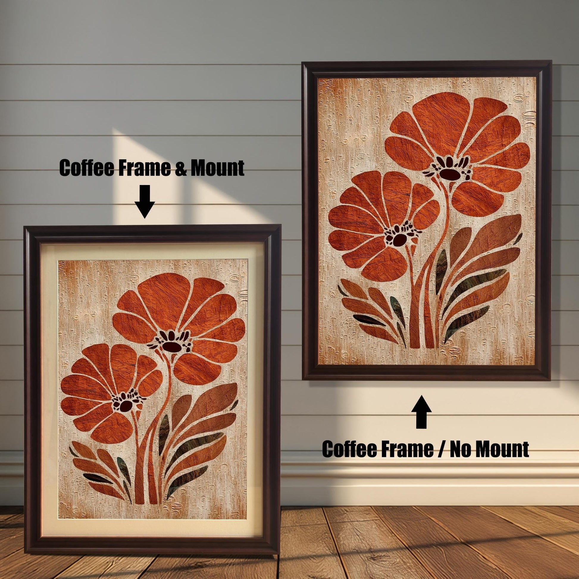 Orange flower art print framed in a Coffee (dark brown) Wood Frame. Two versions are shown side-by-side on a white wood wall: one with a white mat/mount, and one without a mat/mount.