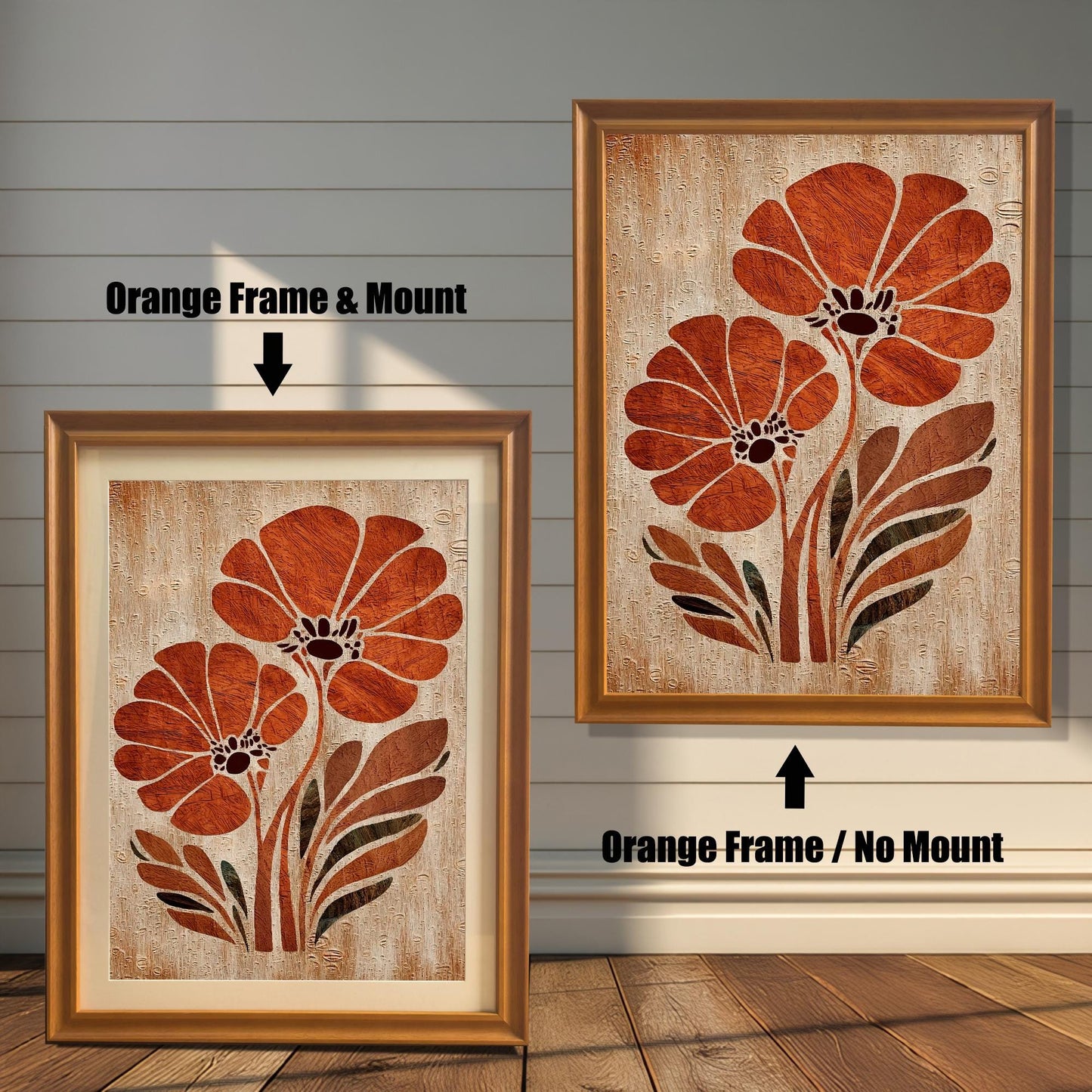 Orange flower art print framed in a bright Orange Wood Frame. Two versions are shown side-by-side on a white wood wall: one with a white mat/mount, and one without a mat/mount.