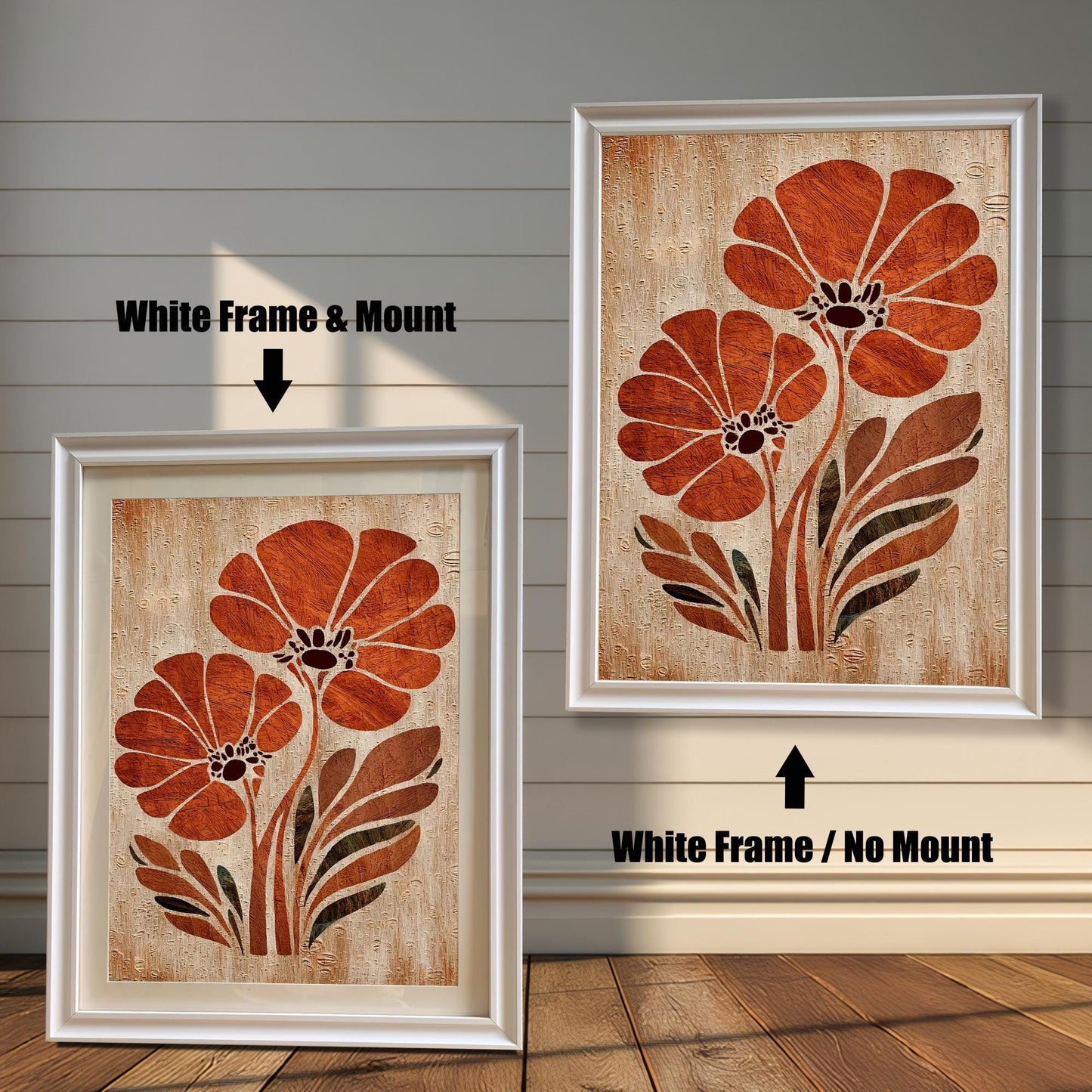 Orange flower art print framed in a White Wood Frame. Two versions are shown side-by-side on a white wood wall: one with a white mat/mount, and one without a mat/mount.