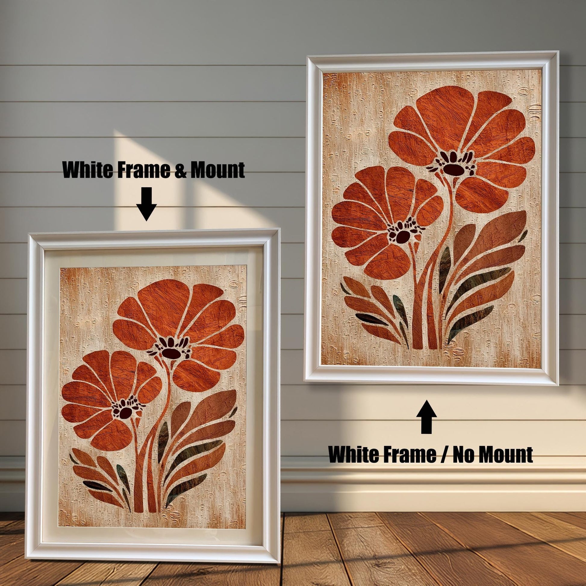 Orange flower art print framed in a White Wood Frame. Two versions are shown side-by-side on a white wood wall: one with a white mat/mount, and one without a mat/mount.