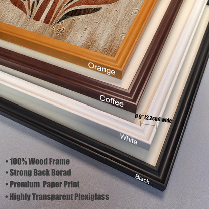 Stacked corner view showing the four available frame colors: Orange, Coffee (dark brown), White, and Black. Notes mention the frame is 100% Wood, 0.9"" (2.2cm) wide, and includes Highly Transparent Plexiglass.