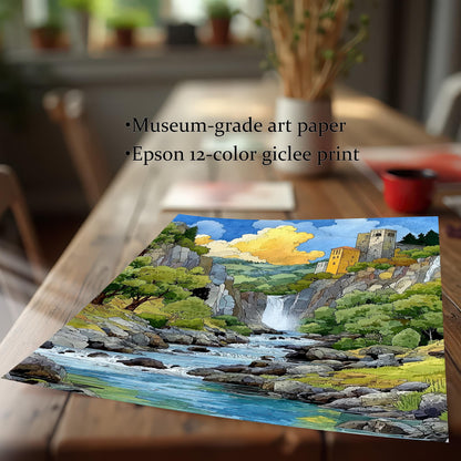 Close-up of the landscape art print, showing the bright colors and river detail, lying flat on a wooden table. Text overlay highlights product quality: ""Museum-grade art paper"" and ""Epson 12-color giclee print"".