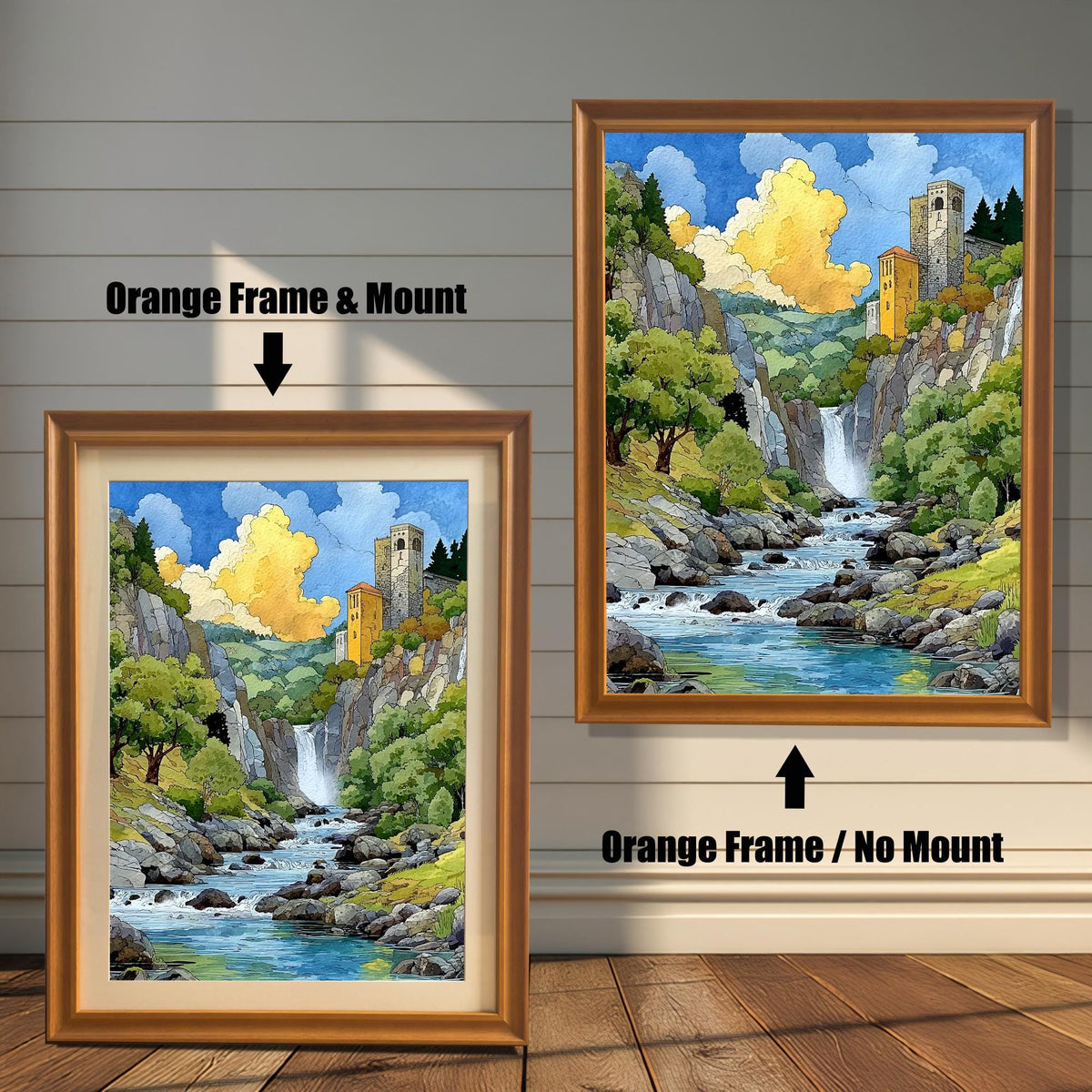 Watercolor-style landscape print of a mountain stream, waterfall, and yellow tower castle framed in a bright Orange Wood Frame. Two versions shown: one with a mat/mount and one without.