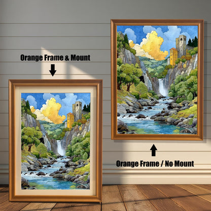Watercolor-style landscape print of a mountain stream, waterfall, and yellow tower castle framed in a bright Orange Wood Frame. Two versions shown: one with a mat/mount and one without.