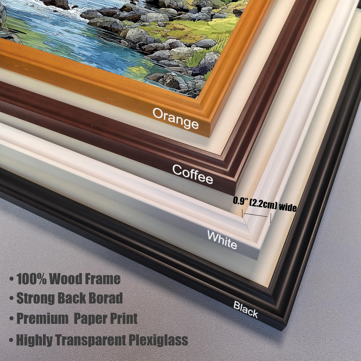 Stacked frame corner view showing the four available wood frame colors: Orange, Coffee (dark brown), White, and Black. Notes describe features like 100% Wood Frame and Highly Transparent Plexiglass.