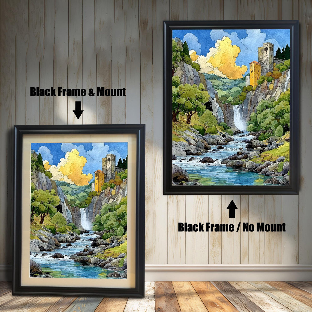 Watercolor-style landscape print of a mountain stream, waterfall, and yellow tower castle framed in a dark Black Wood Frame. Two versions shown: one with a mat/mount and one without.