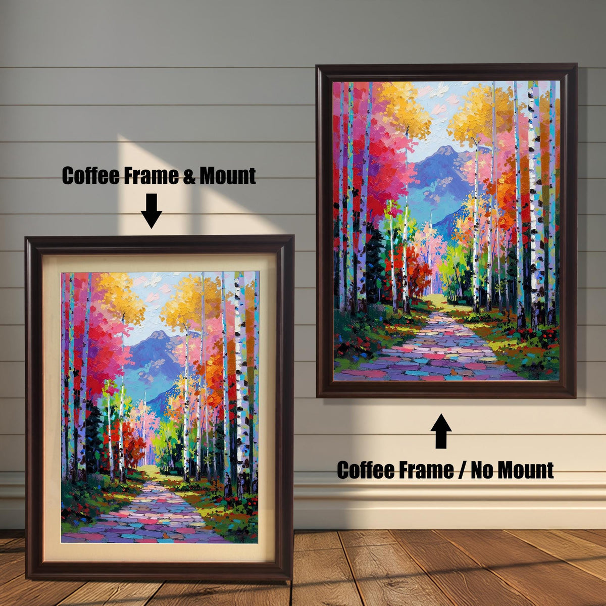 Bright Palette Knife Aspen Forest print with a path and mountains, framed in a dark Coffee Wood Frame. Two versions shown: one with a mat/mount and one without, set against a white wood wall.